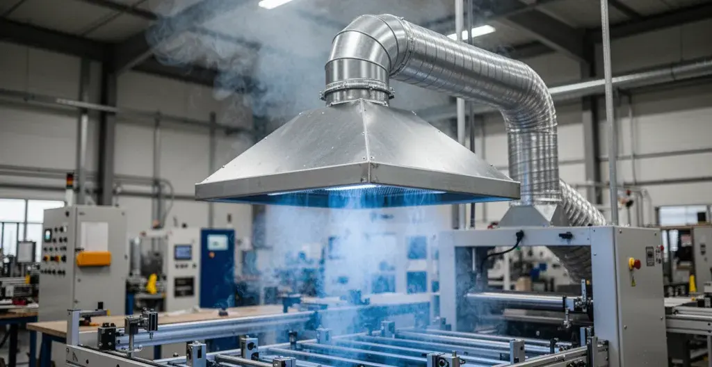 Système d'extraction industriel captant les fumées au-dessus d'un poste de travail