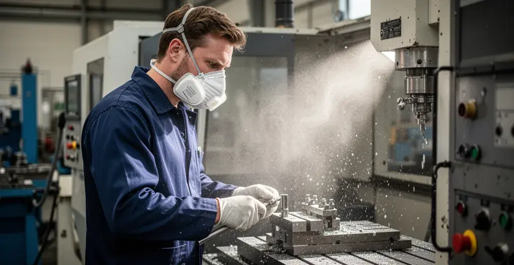 Opérateur industriel portant un masque respiratoire exposé aux particules de poussière visibles