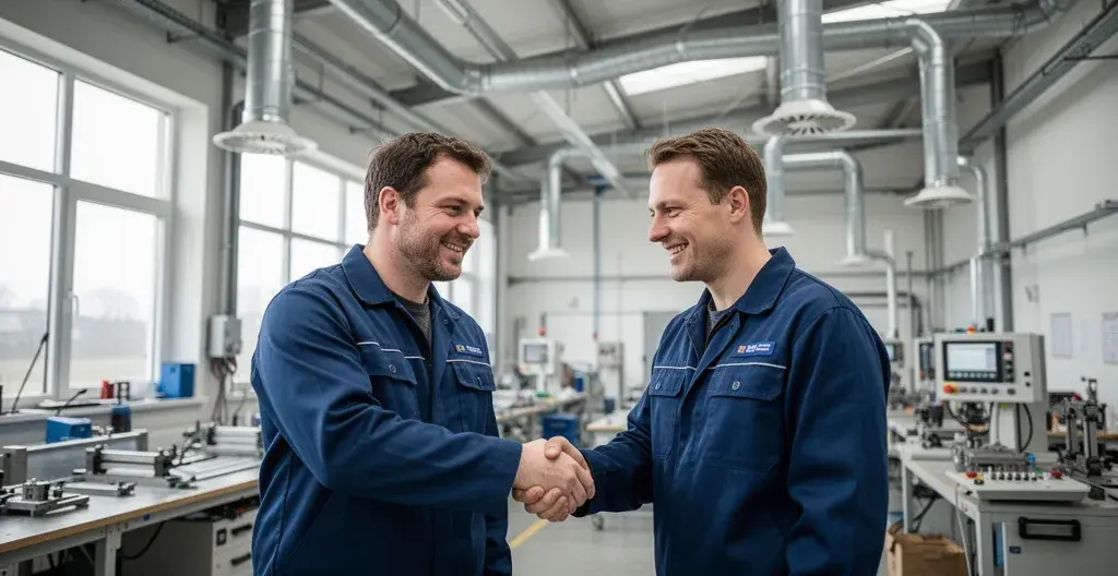 Deux opérateurs travaillant dans un atelier industriel bien ventilé avec air sain