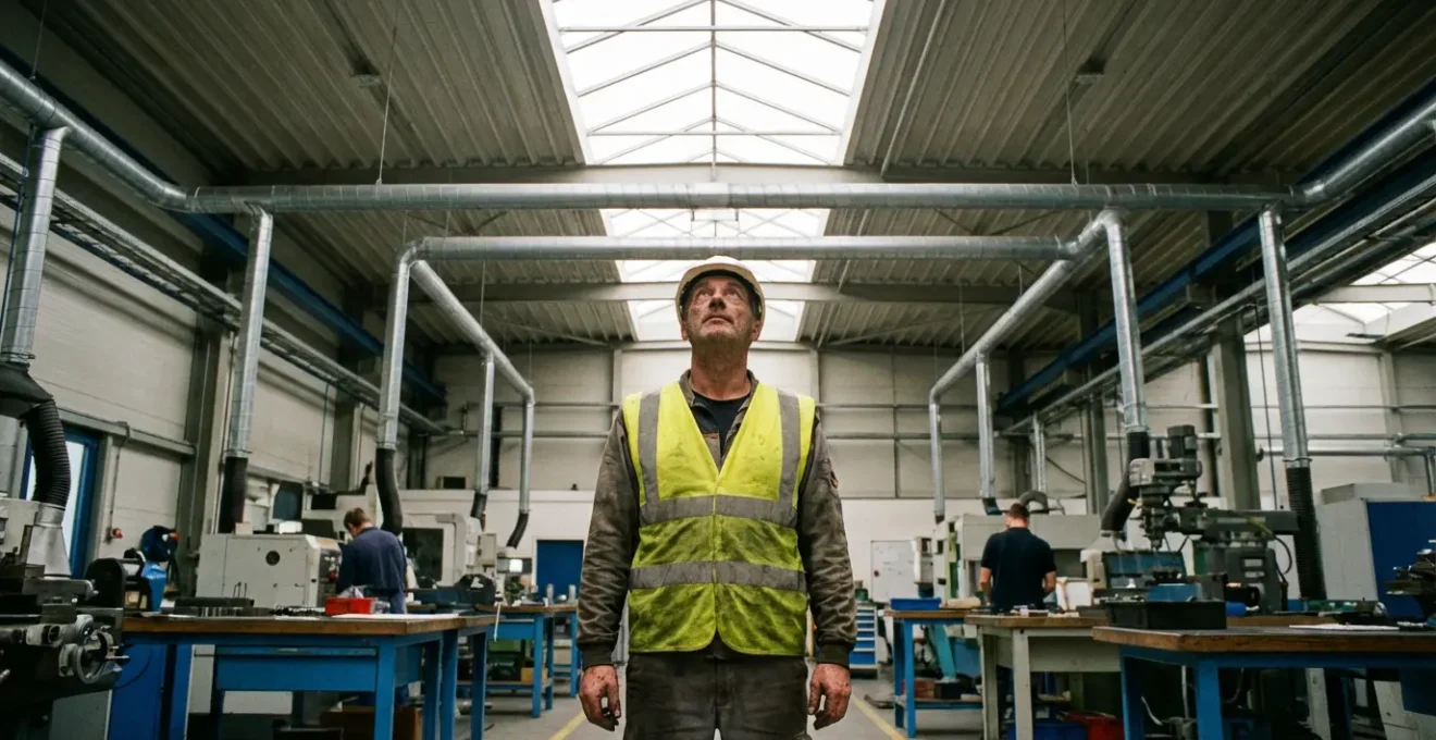Technicien inspectant un système d'extraction d'air dans un atelier métallurgique moderne