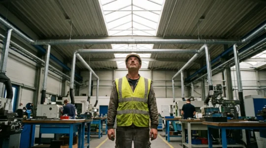 Technicien inspectant un système d'extraction d'air dans un atelier métallurgique moderne