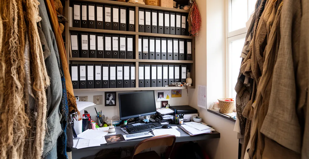 Espace bureau organisé dans un restaurant avec classeurs bien rangés sur étagère