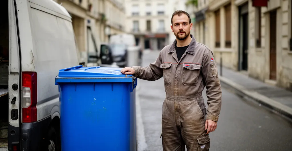 Technicien collecteur manipulant un fût d'huiles usagées près d'un véhicule utilitaire