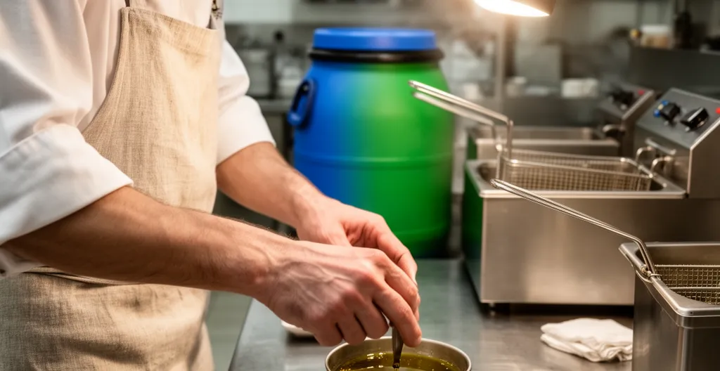 Cuisine professionnelle de restaurant avec fût de collecte huiles usagées visible en arrière-plan