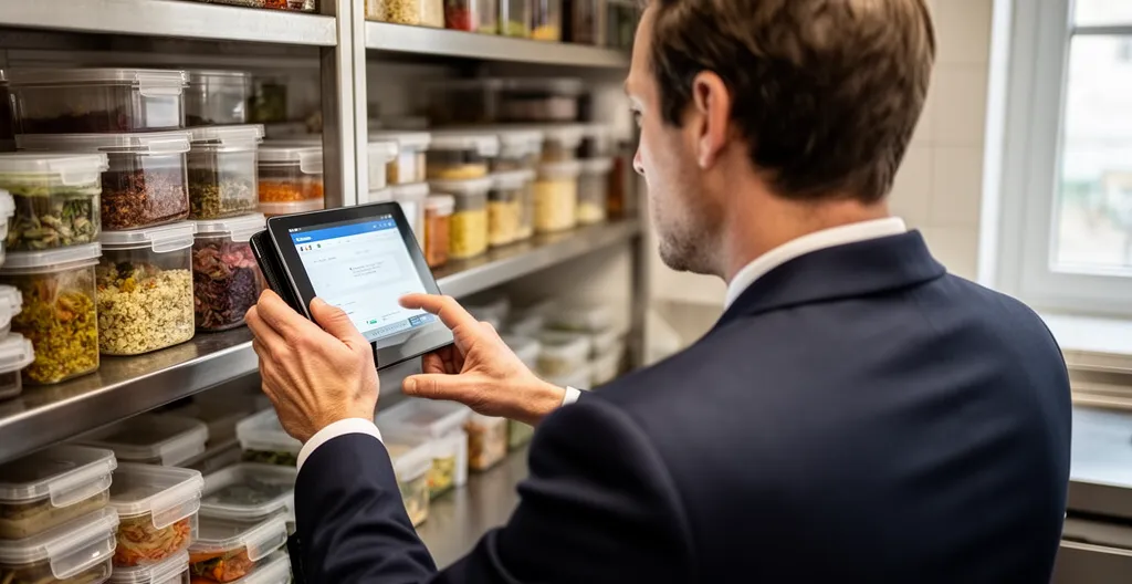 Inspecteur vérifiant la zone de stockage dans une cuisine de restaurant lors d'un contrôle sanitaire